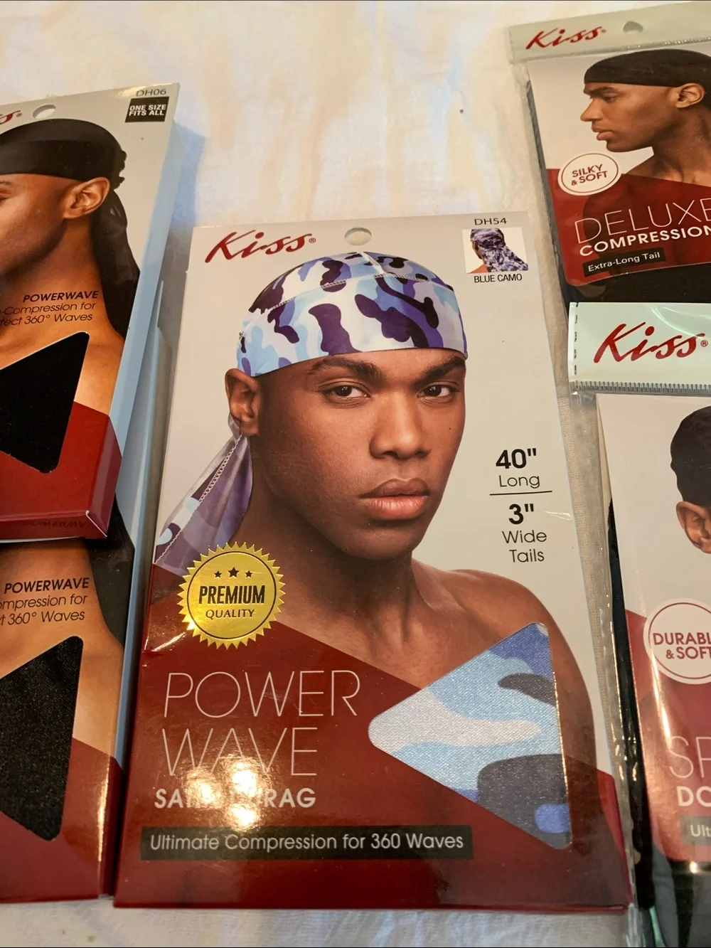 Kiss Satin & Premium Durags 5-PK NEW Black-Blues-Black Camo Premium extra Long